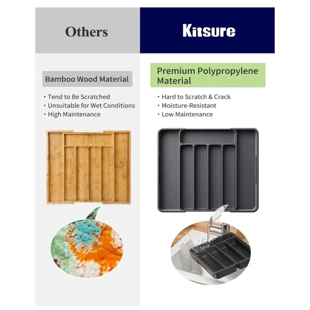 Set of 2 Kitsure Adjustable Utensil Organizer Kitchen Drawer Storage Tray Black‎